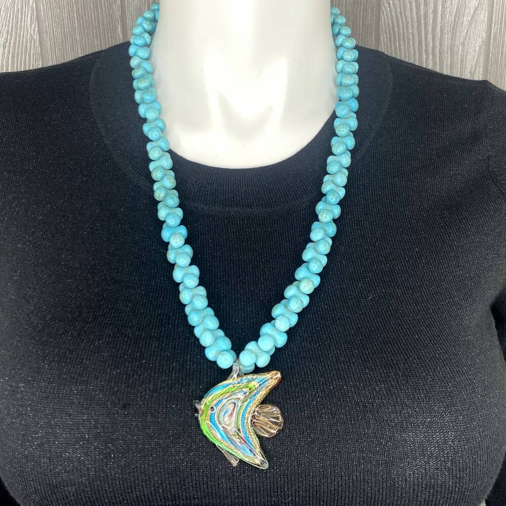 Vintage Artisan Statement NECKLACE Blown Glass Fish Interlocking OOAK Handmade